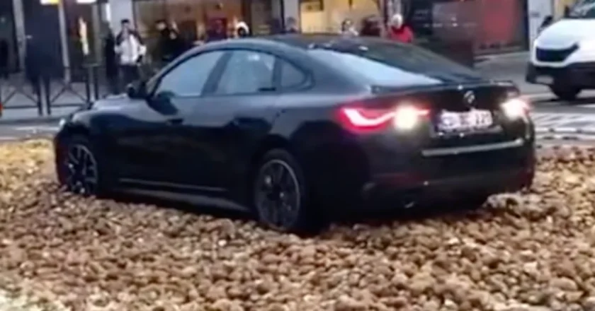 BMW Driver Stuck in Potato Protest During Brussels Rally